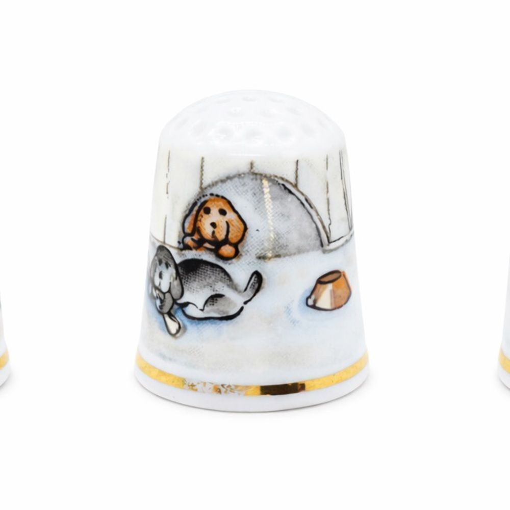 Vintage West Germany Porcelain Thimble Puppies in Snow Gold Trim Collectible
